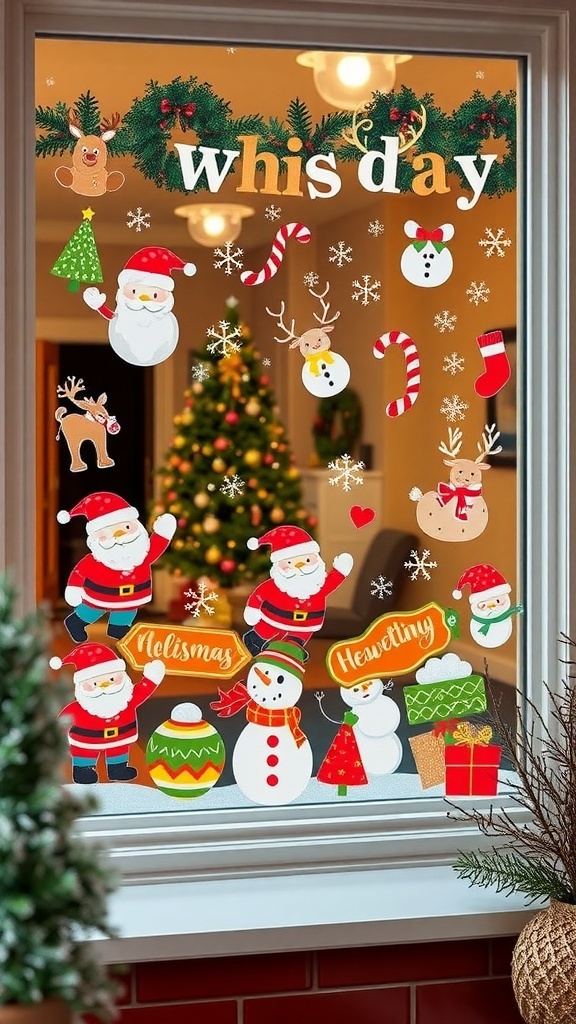 Colorful holiday-themed window clings featuring Santa, snowmen, and Christmas decorations on a window.