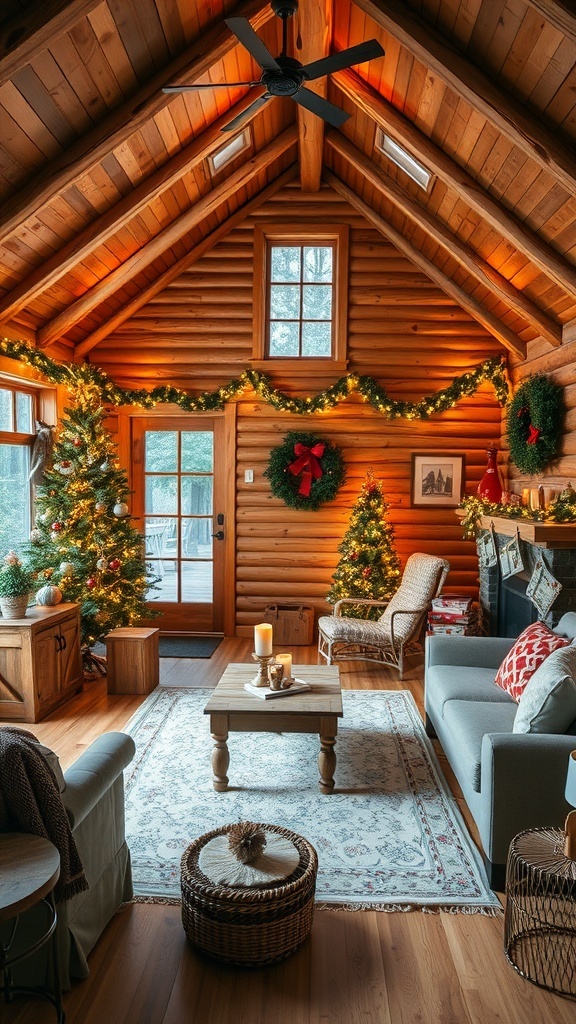 Cozy cabin interior decorated for the holidays with Christmas trees and warm lighting.