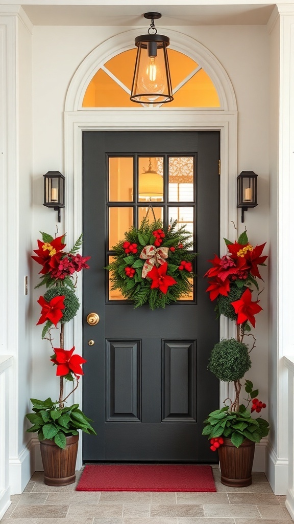 A beautifully decorated door with red poinsettias and a green wreath, creating a festive holiday look.