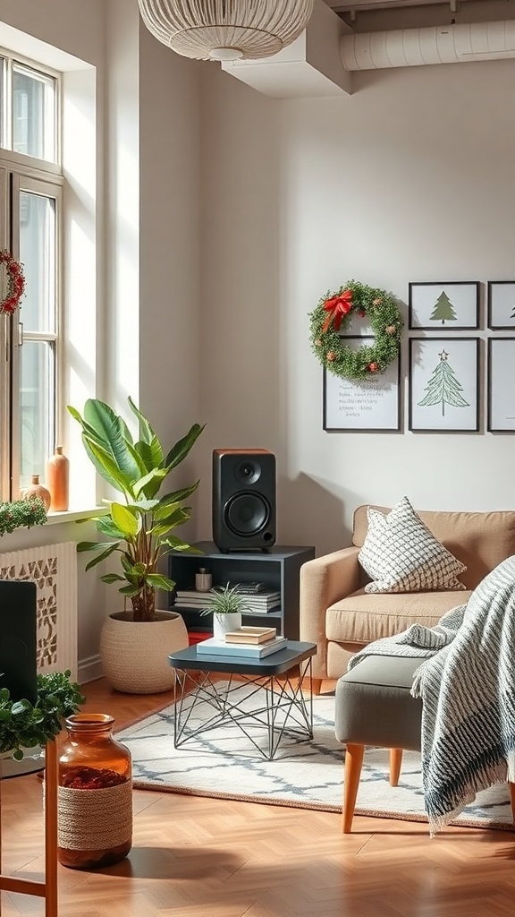 A cozy office corner decorated for Christmas with a speaker, wreaths, and a comfortable couch.