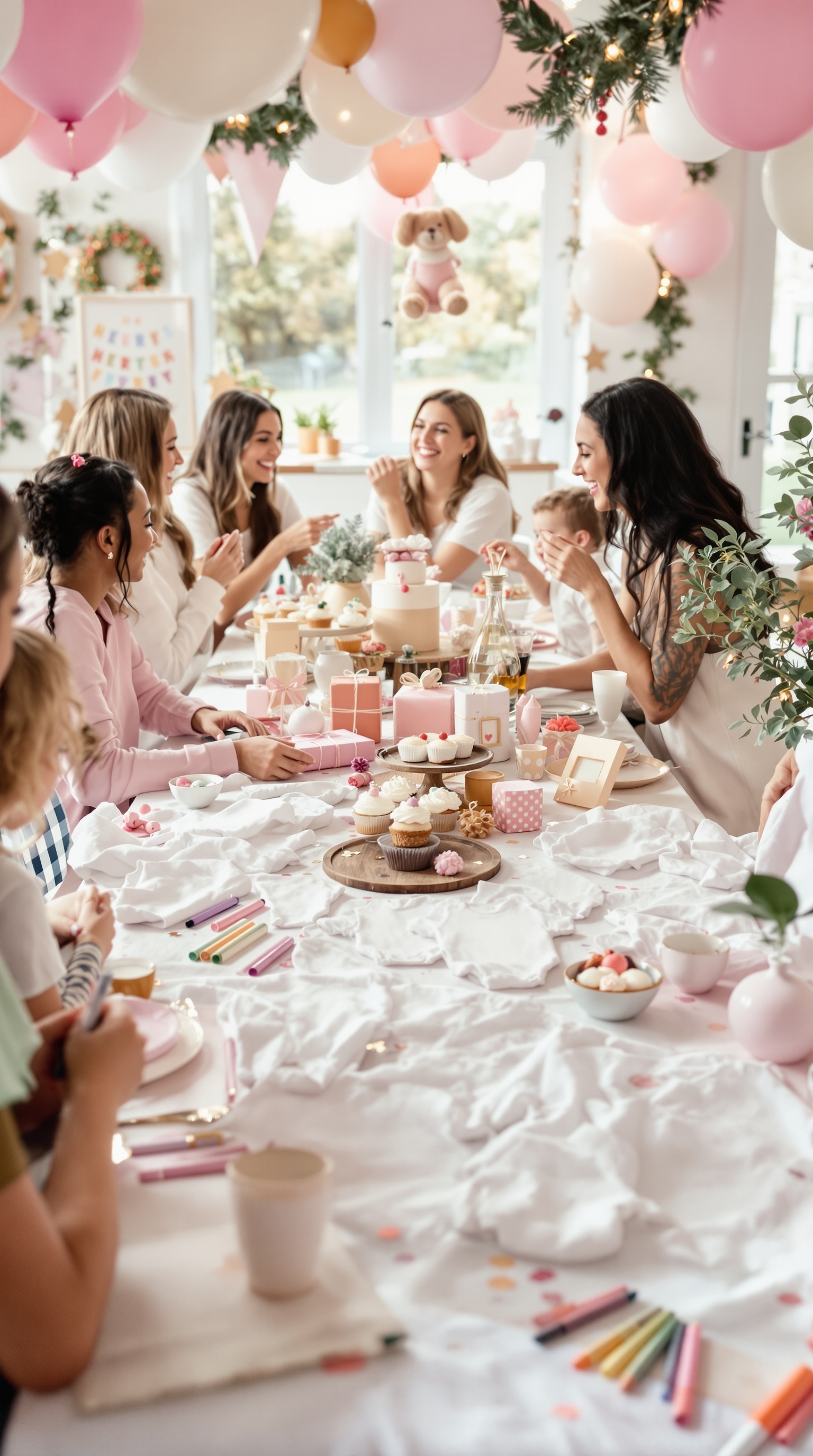 A group of women at a baby shower decorating onesies with colorful markers and enjoying festive treats.
