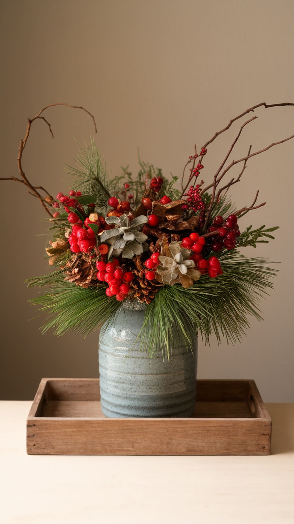A holiday arrangement featuring pine needles, red berries, and pine cones in a ceramic vase on a wooden tray.