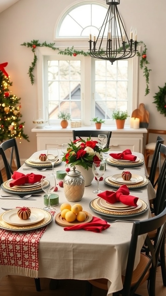 A beautifully decorated holiday potluck table with red napkins, elegant plates, and a floral centerpiece.