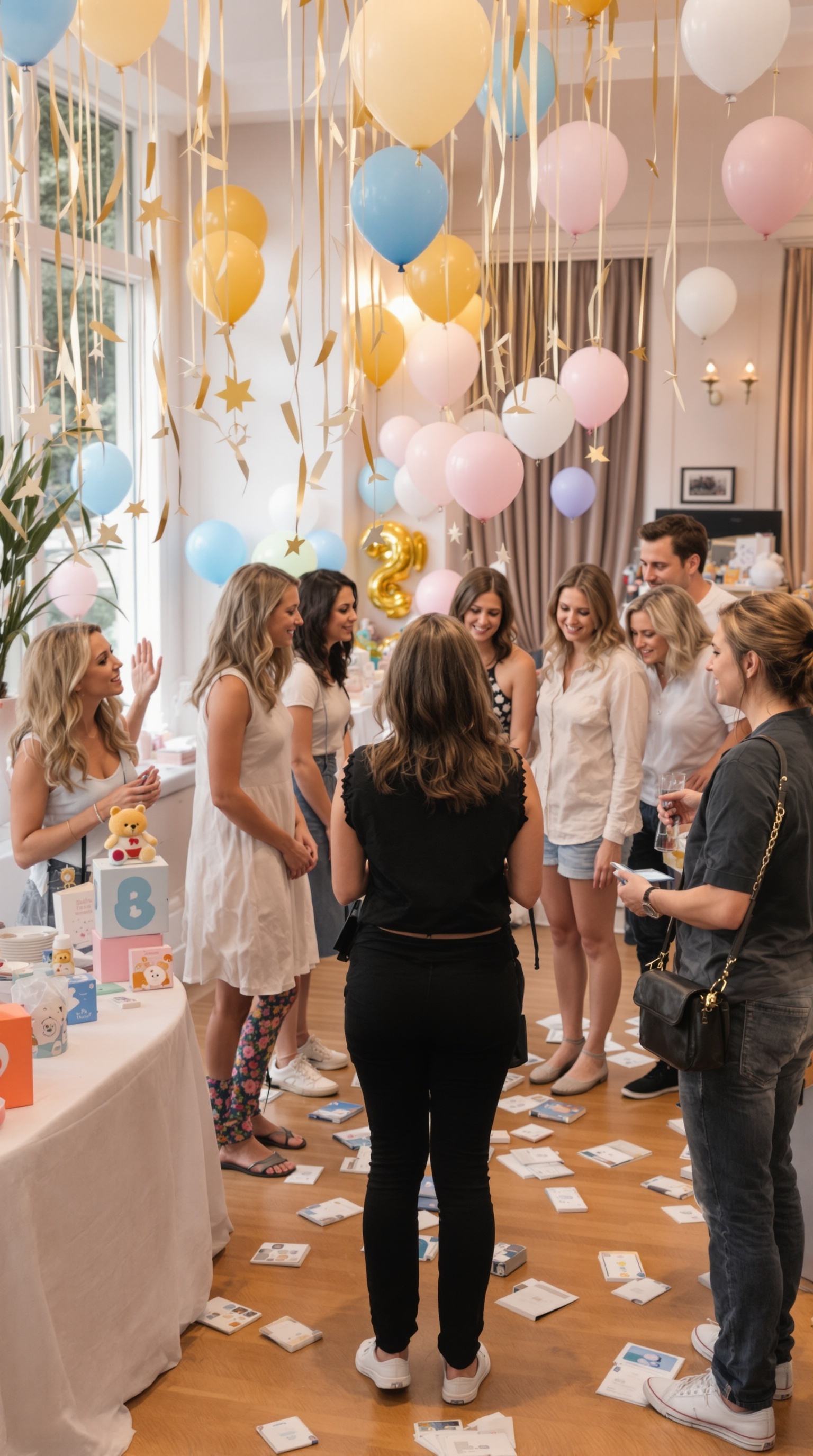 A festive baby shower setup with guests enjoying treats and games.