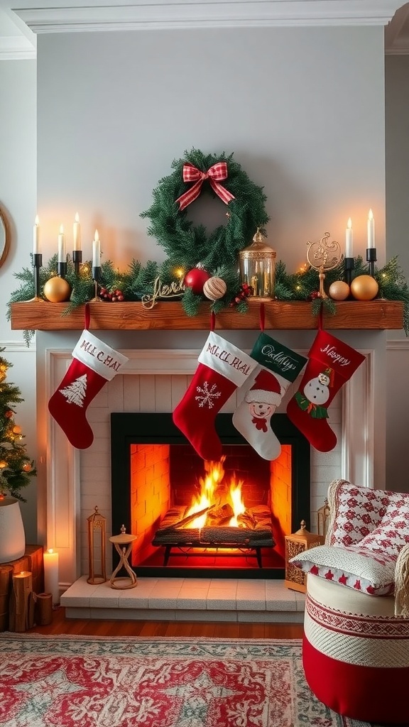 A cozy fireplace decorated with holiday stockings featuring winter motifs, surrounded by festive decorations.