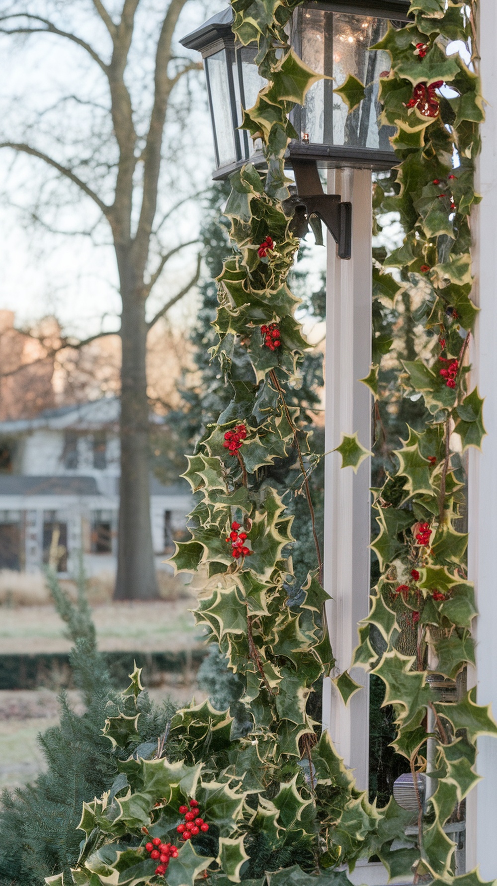 Holly and ivy garland wrapped around a lantern with red berries