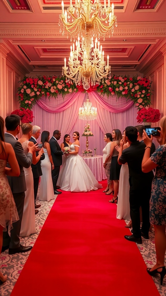 A glamorous bridal shower setup featuring a red carpet, chandelier, and elegant decorations.
