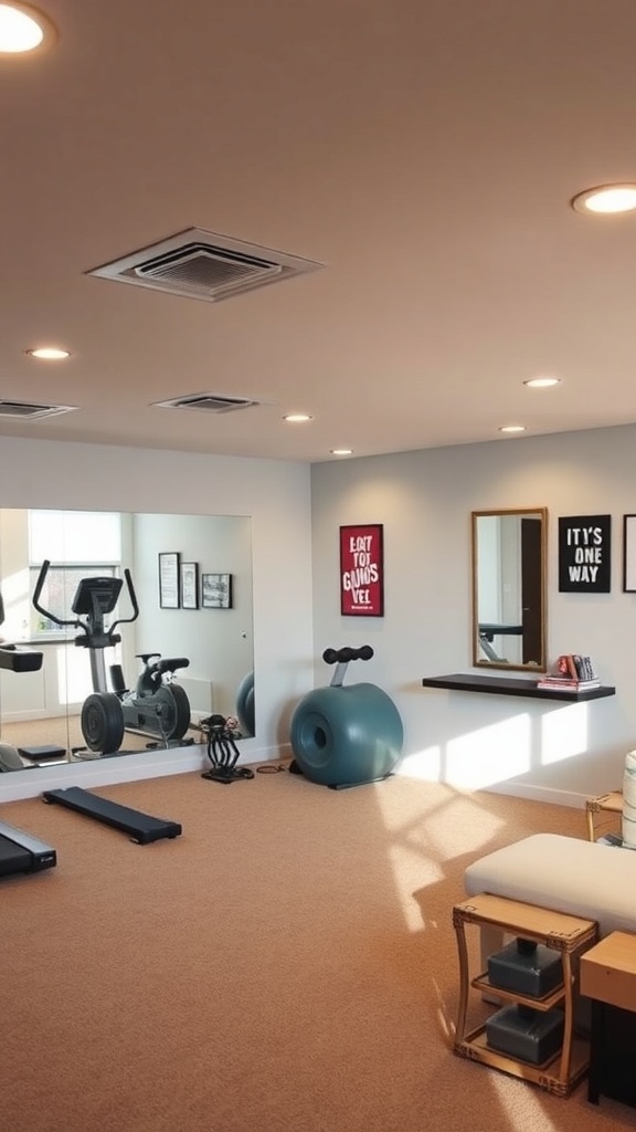 A bright basement gym with exercise equipment, mirrors, and motivational posters.