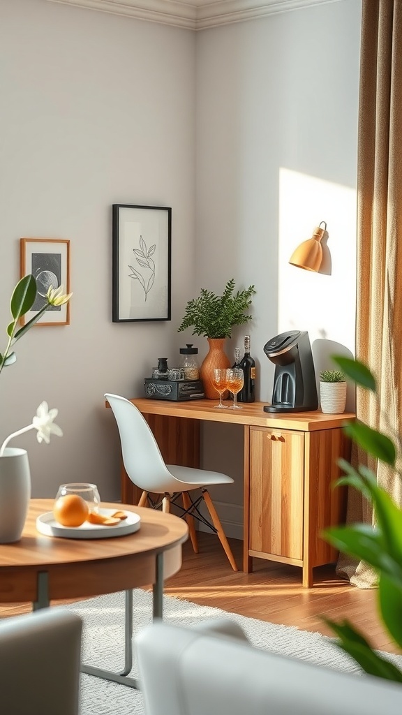 A cozy home office beverage station featuring a wooden desk, coffee maker, and decorative plants.