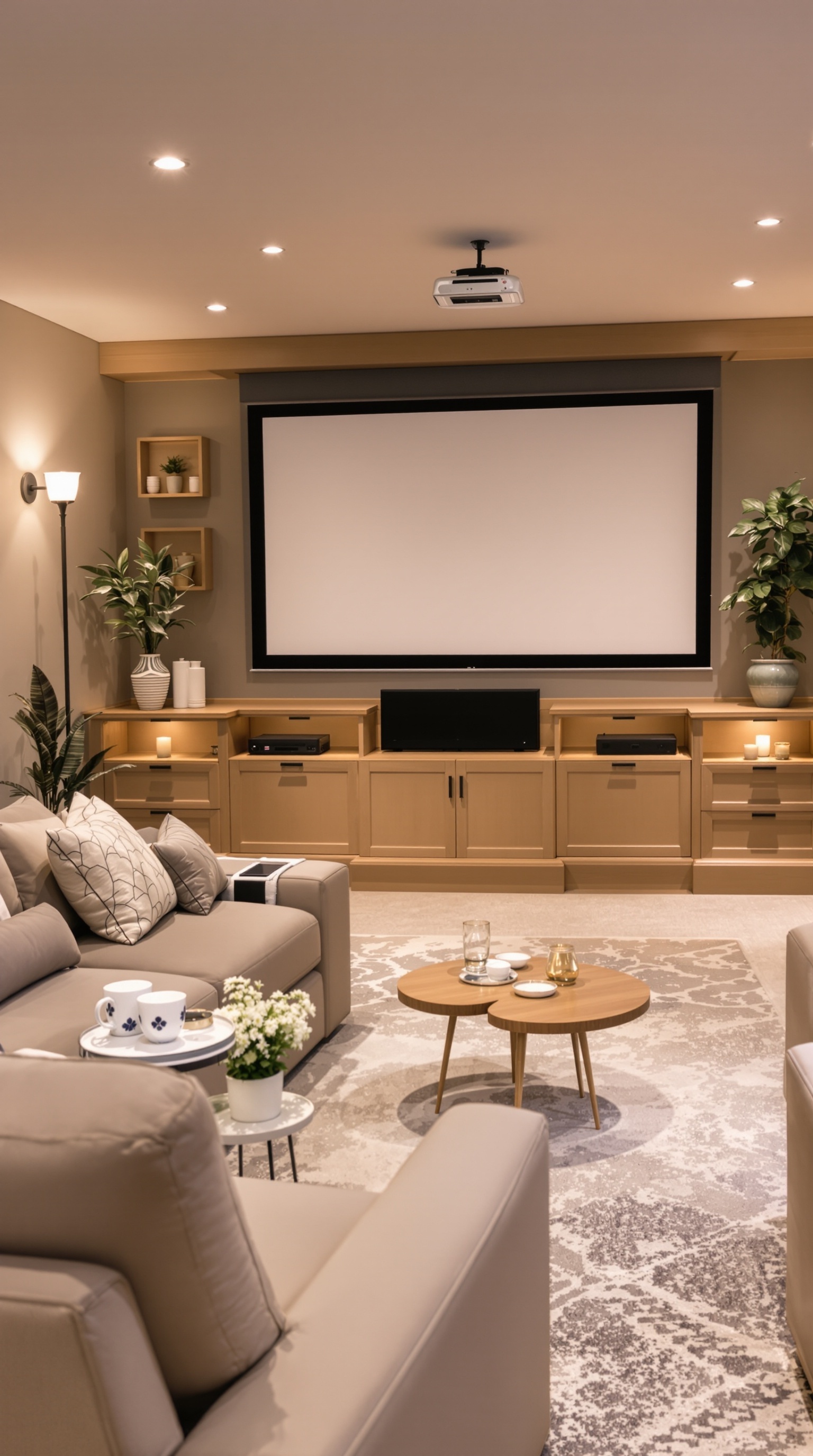 Cozy basement family room with a projector, large screen, and comfortable seating.