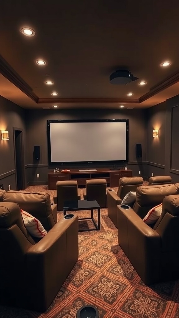Cozy basement home theater with plush leather seating and a large screen