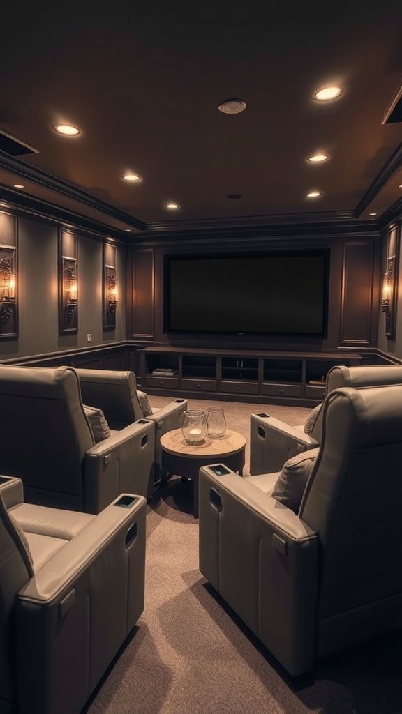 Cozy basement home theater with plush seating and soft lighting