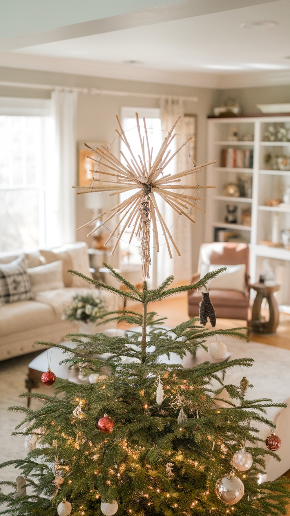 A homemade star tree topper made of sticks on a Christmas tree.