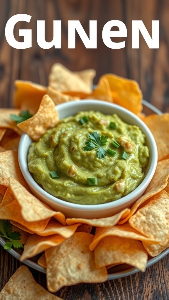 A bowl of guacamole with tortilla chips, surrounded by a wooden background and garnished with cilantro.