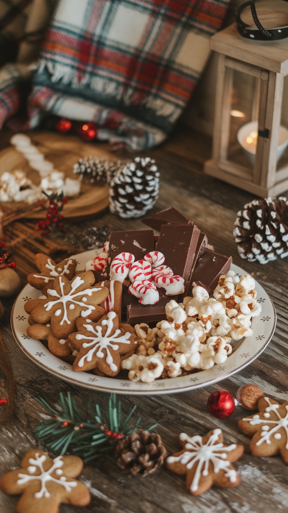 A festive display of homemade holiday treats including gingerbread cookies, chocolate bars, peppermint candies, and popcorn, set against a cozy farmhouse backdrop.