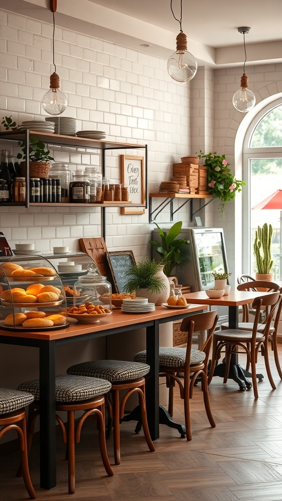 A cozy cafe interior featuring a display of homemade pastries and baked goods.