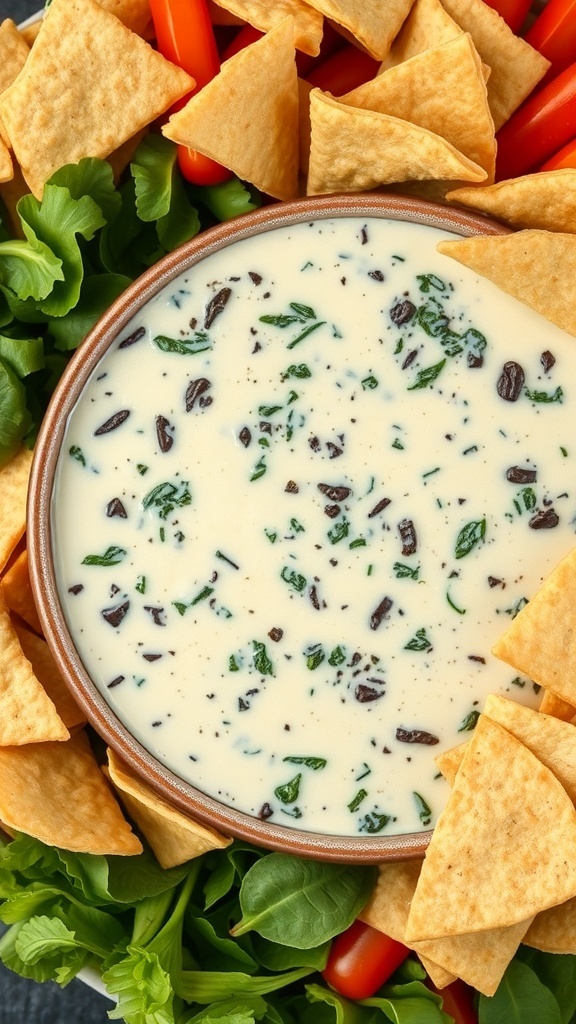 A bowl of creamy spinach and cheese dip surrounded by tortilla chips and fresh vegetables.