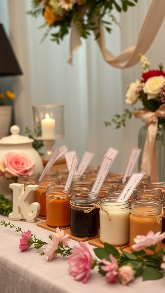 A table display featuring homemade candles in jars, decorated with flowers
