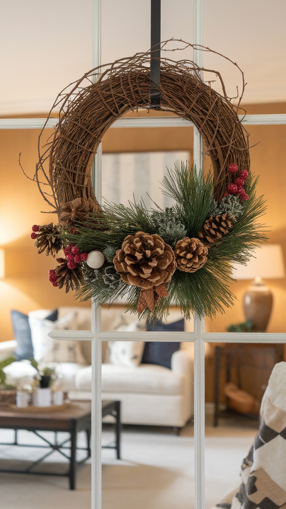 A homemade wreath made of natural elements like pinecones and evergreen, hanging on a glass door.