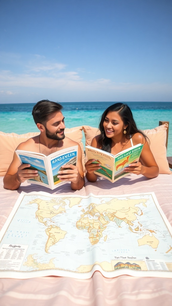 A couple reading travel books over a world map, preparing for their honeymoon by the beach.