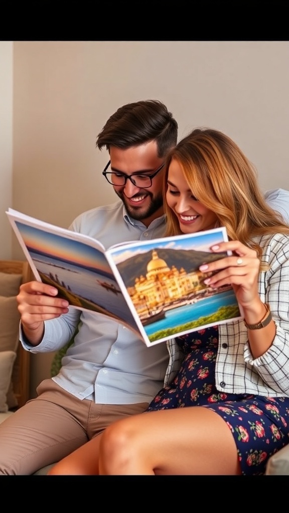 Couple happily planning their honeymoon while looking at travel magazines.