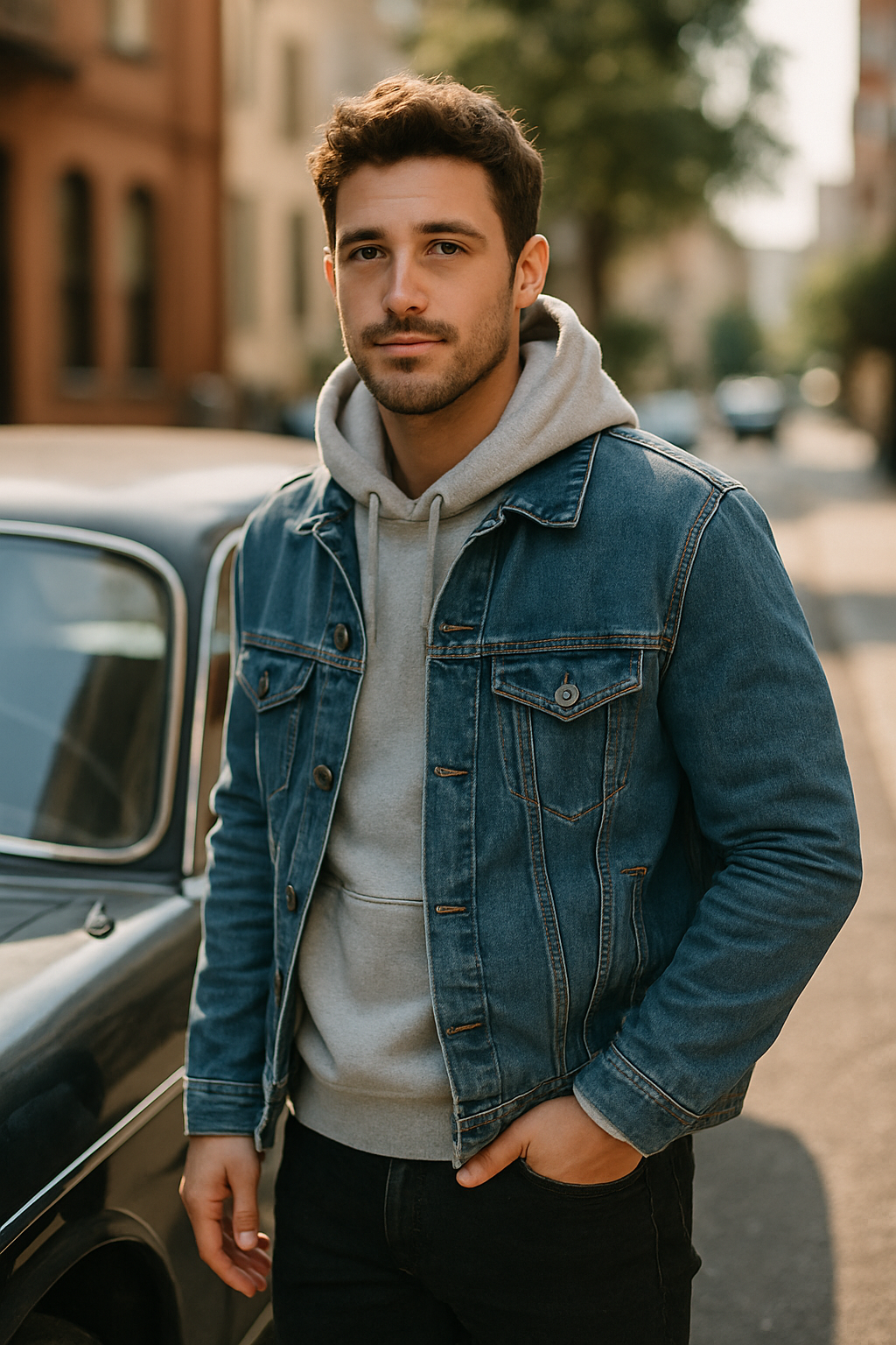 A man wearing a gray hoodie under a denim jacket, standing beside a vintage car on a city street.