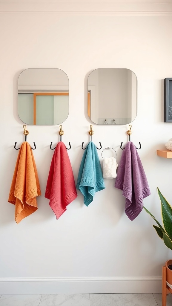 Colorful towels hanging on hooks in a small bathroom