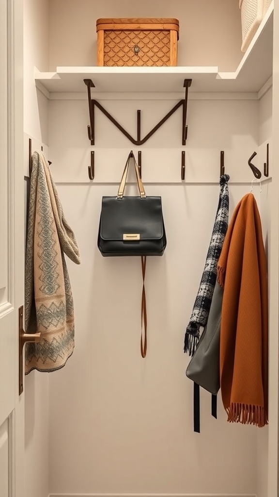 A small closet with hooks for accessories, displaying a handbag, scarves, and a basket on a shelf.
