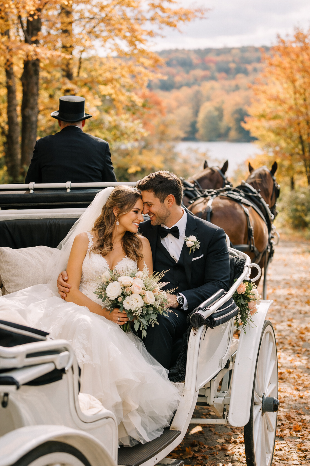 A couple enjoying a horse-drawn carriage ride surrounded by fall foliage.