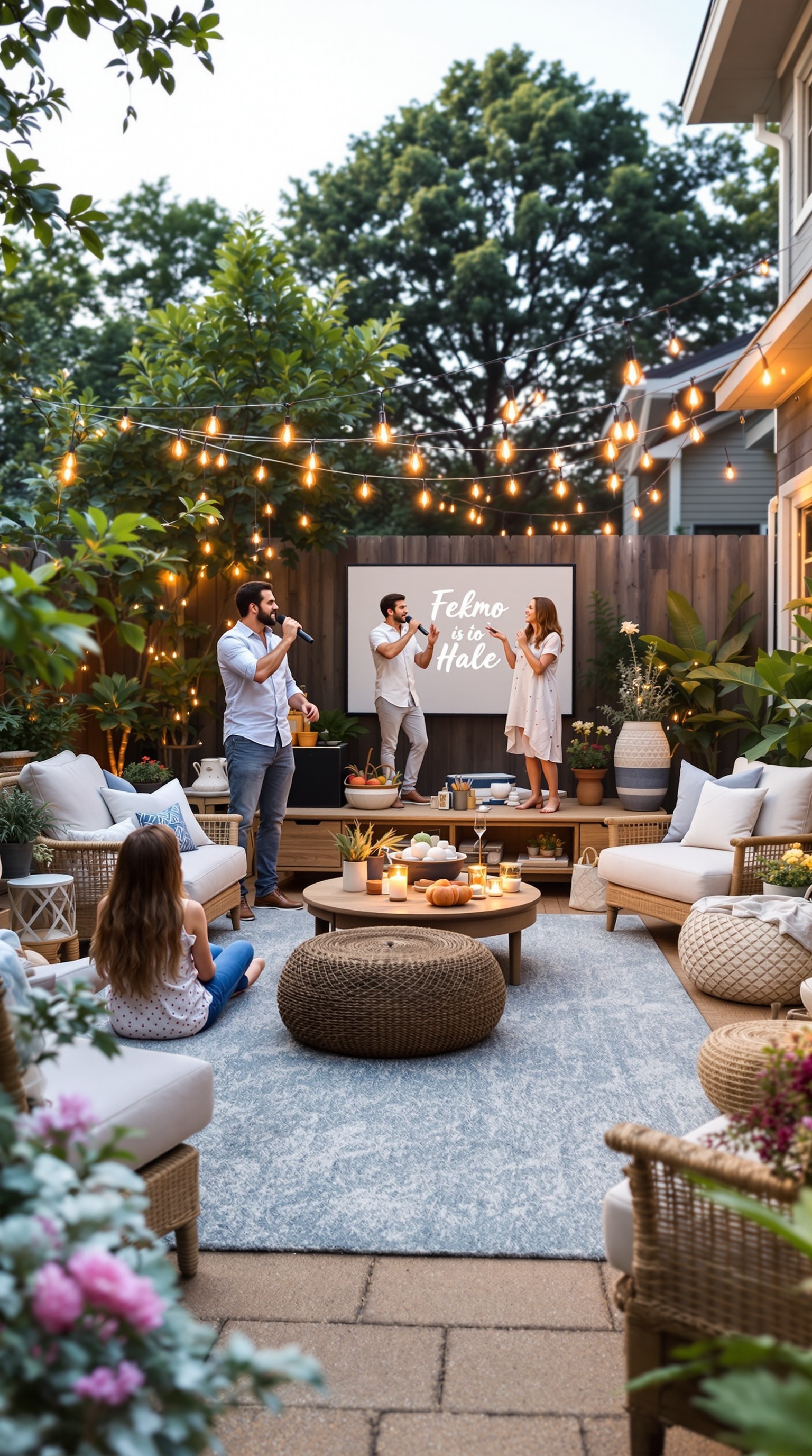 A family talent show in a backyard with people singing and enjoying the moment.
