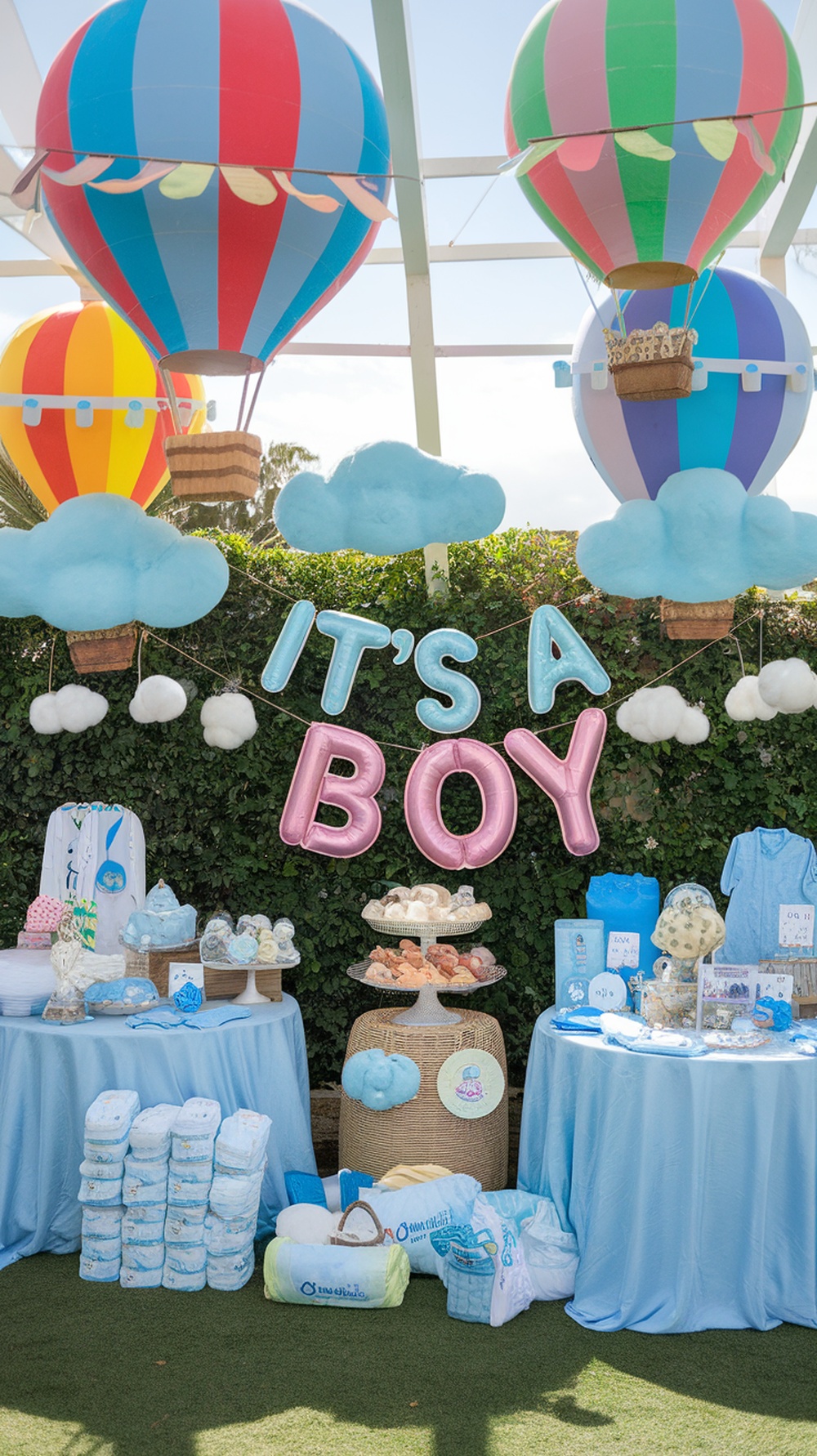 A vibrant hot air balloon themed baby shower setup with colorful balloons, desserts, and decorations.