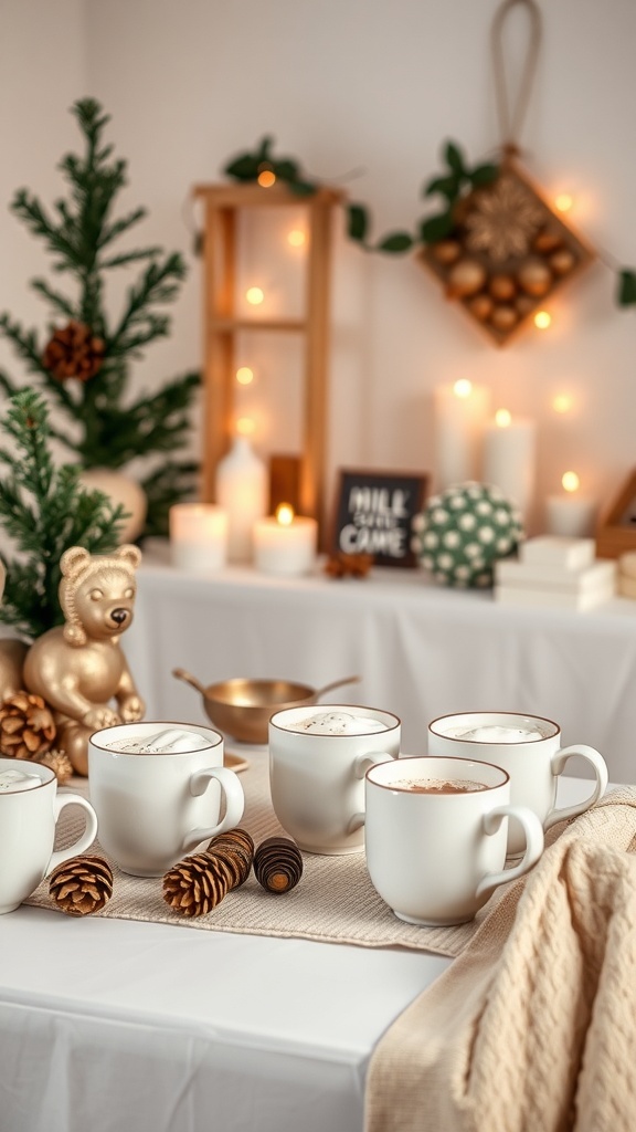 A cozy hot cocoa bar setup with mugs of hot cocoa, pinecones, and festive decorations.