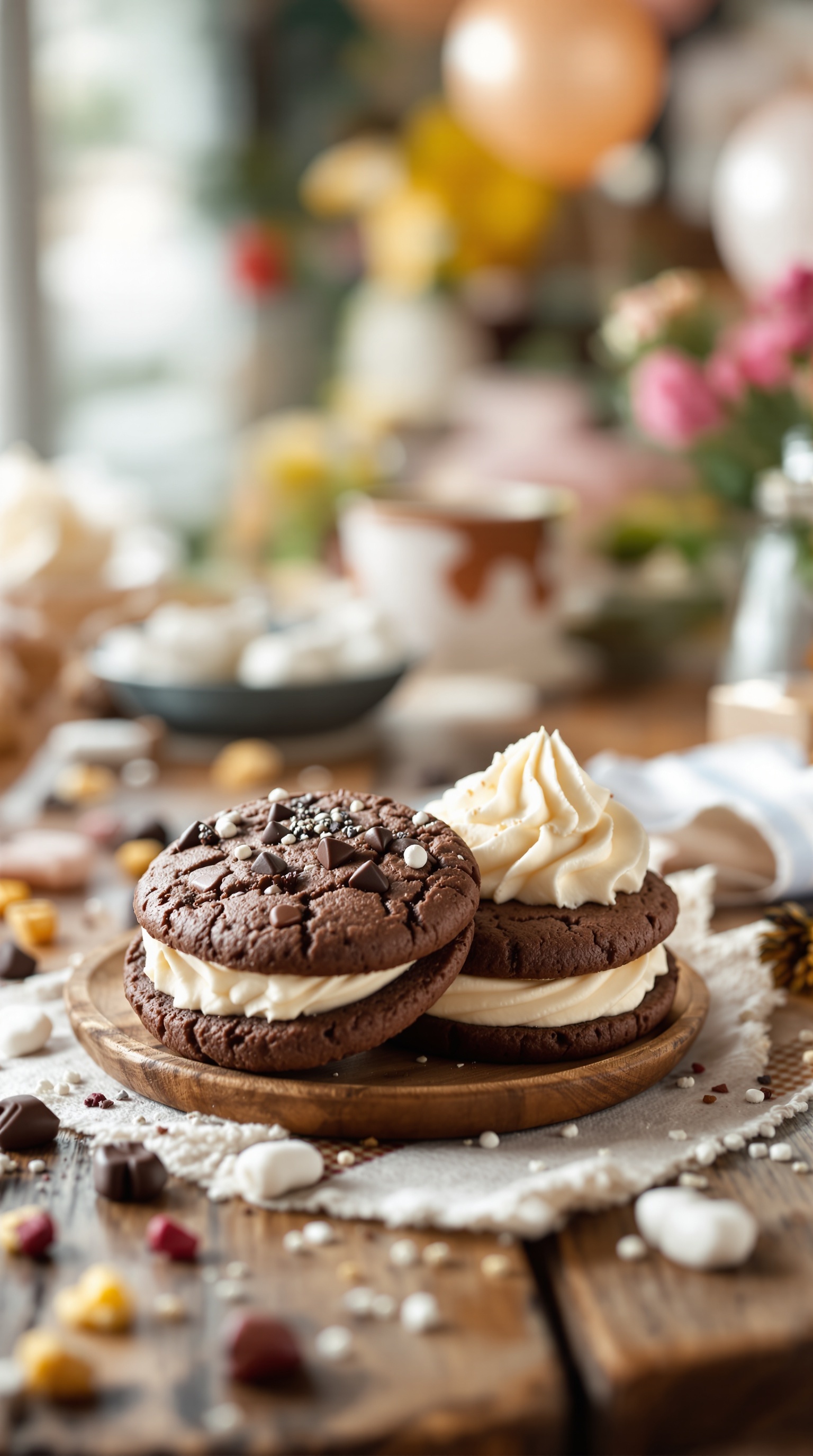 Two chocolate cookie sandwiches filled with cream, topped with sprinkles, on a wooden plate.