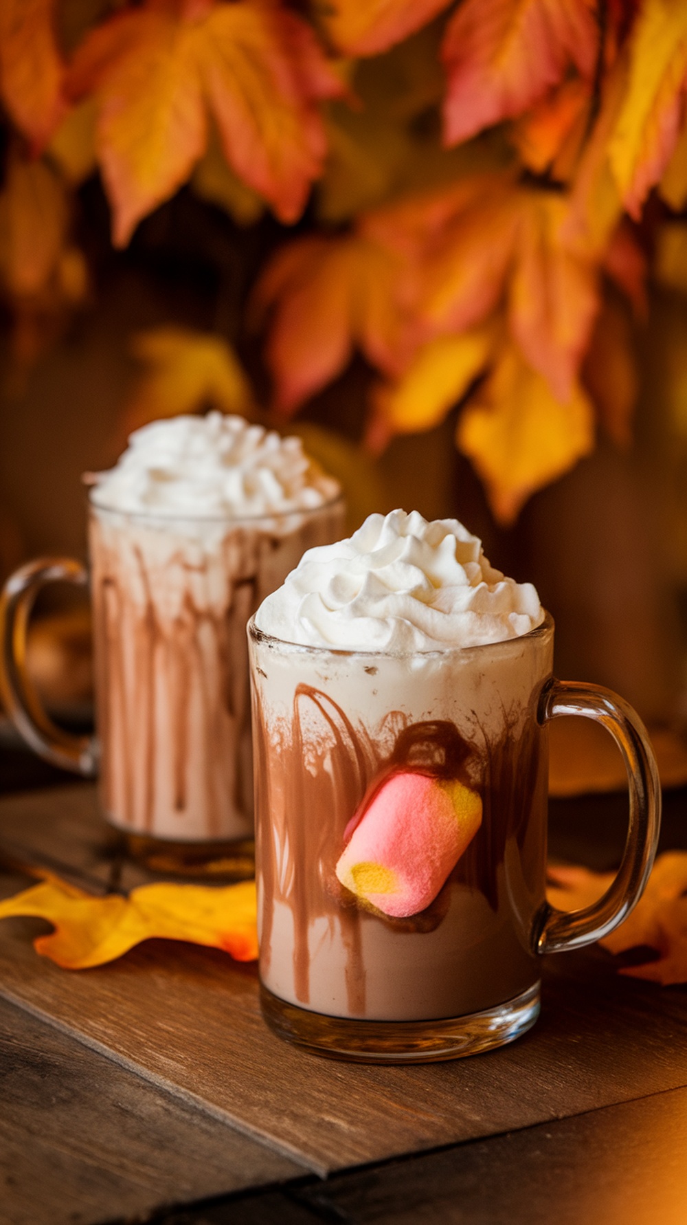 Two mugs of hot cocoa topped with whipped cream and marshmallows, surrounded by autumn leaves.