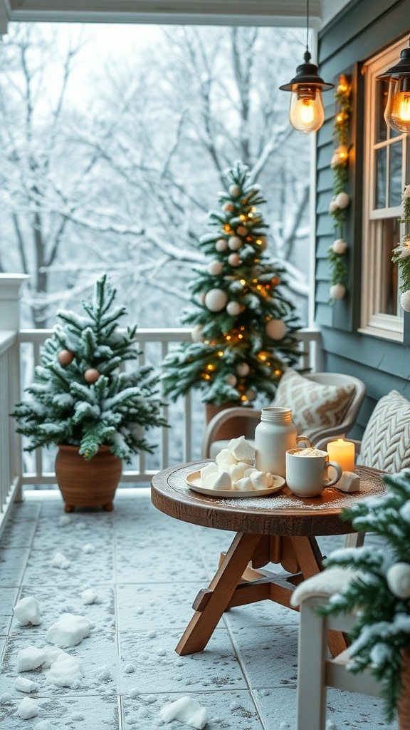 A winter porch decorated with two small Christmas trees, a table with hot cocoa ingredients, and snow on the ground.