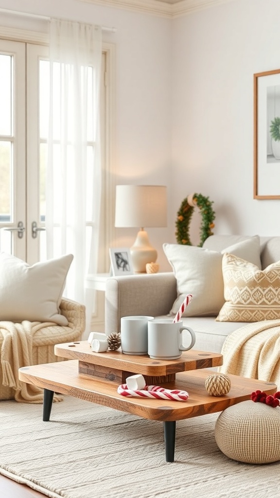 A cozy living room with a hot cocoa station featuring mugs and candy canes on a wooden coffee table.