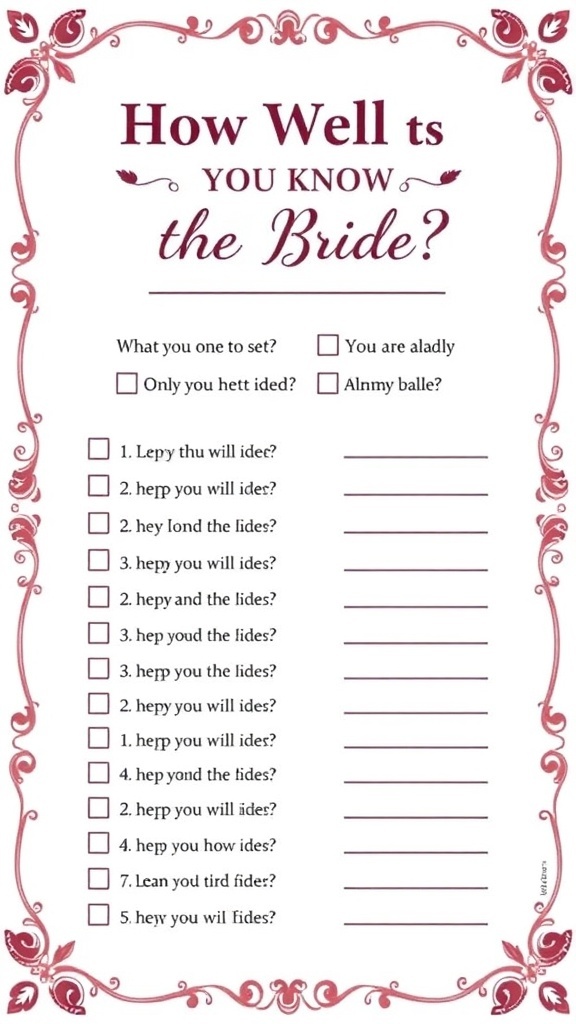 Printable game sheet titled 'How Well Do You Know the Bride?' with questions about the bride.