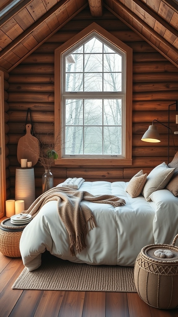 Cozy cabin bedroom with wooden walls, a large window, and a comfortable bed