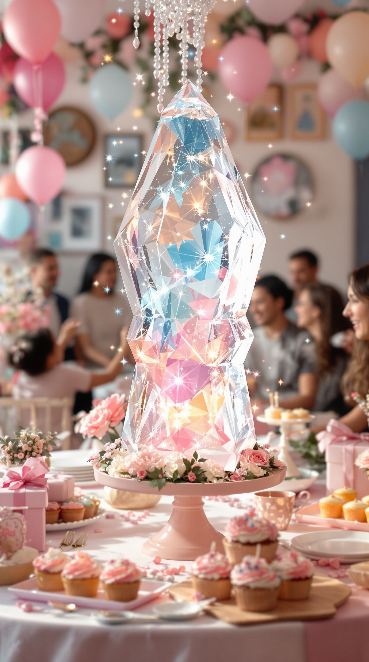 A stunning ice sculpture at a winter gender reveal party, surrounded by pink and blue decorations.