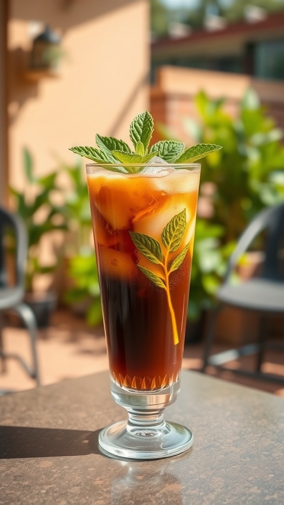 A tall glass of iced coffee garnished with fresh mint leaves.