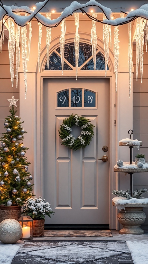 A winter front door decorated with icicle lights, a green wreath, a small Christmas tree, and snow-covered pots.