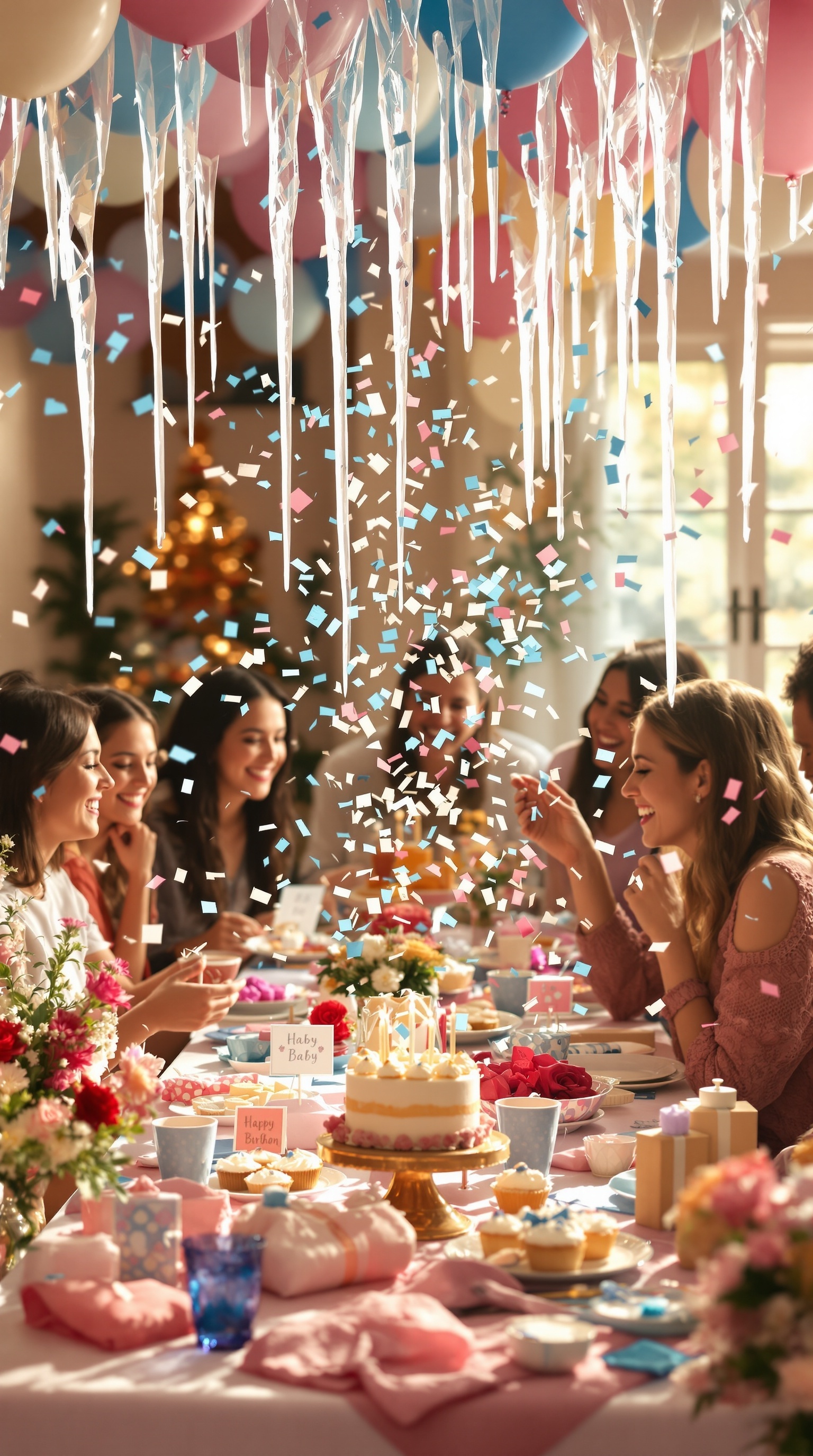 A winter gender reveal party with icicle confetti drop, featuring guests enjoying the celebration.