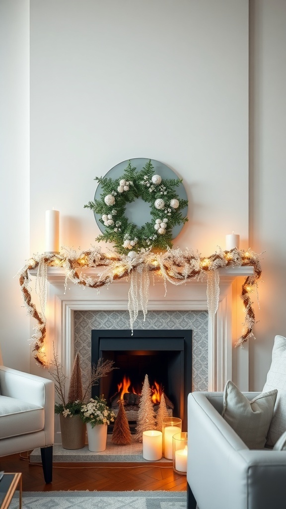 A cozy fireplace decorated with an icicle garland, candles, and a wreath.