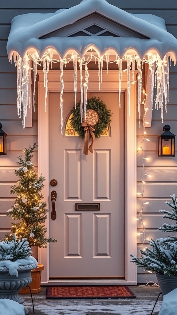 A front door decorated with icicle lights and a wreath, surrounded by snow and a small evergreen tree.