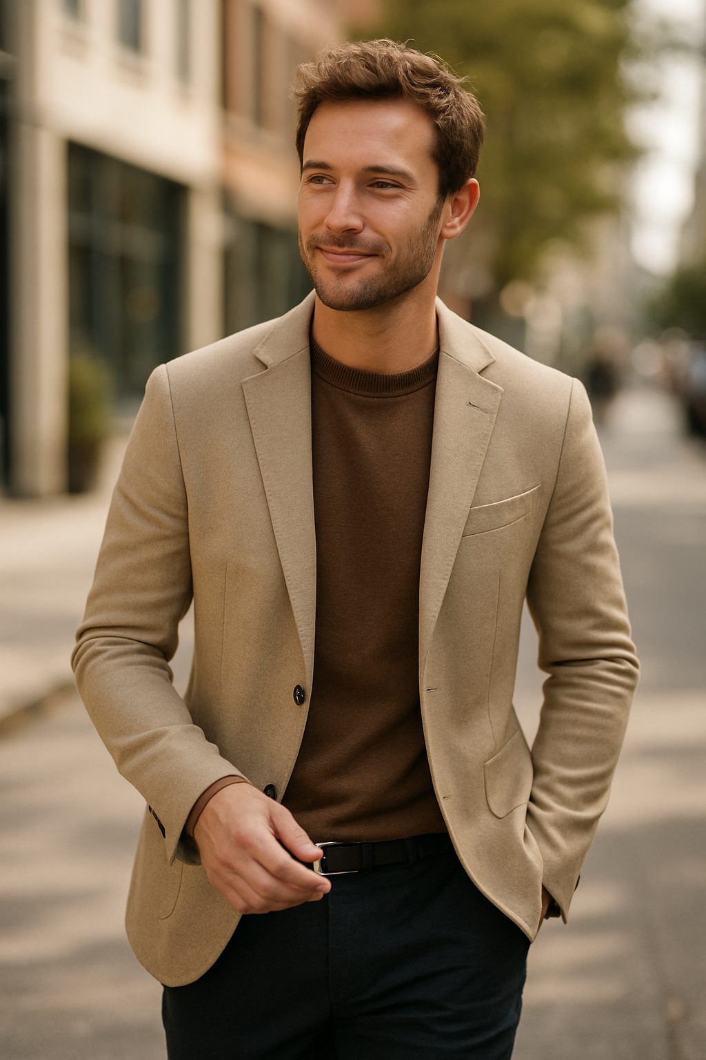 A stylish man wearing a beige blazer over a brown sweater, smiling while walking down the street.