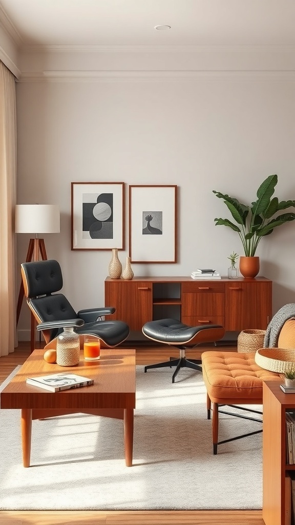 Cozy mid-century modern living room with iconic furniture pieces
