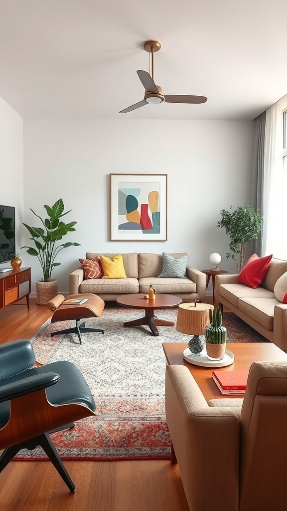 A cozy mid-century modern living room featuring iconic furniture pieces, including a lounge chair, coffee table, and colorful throw pillows.