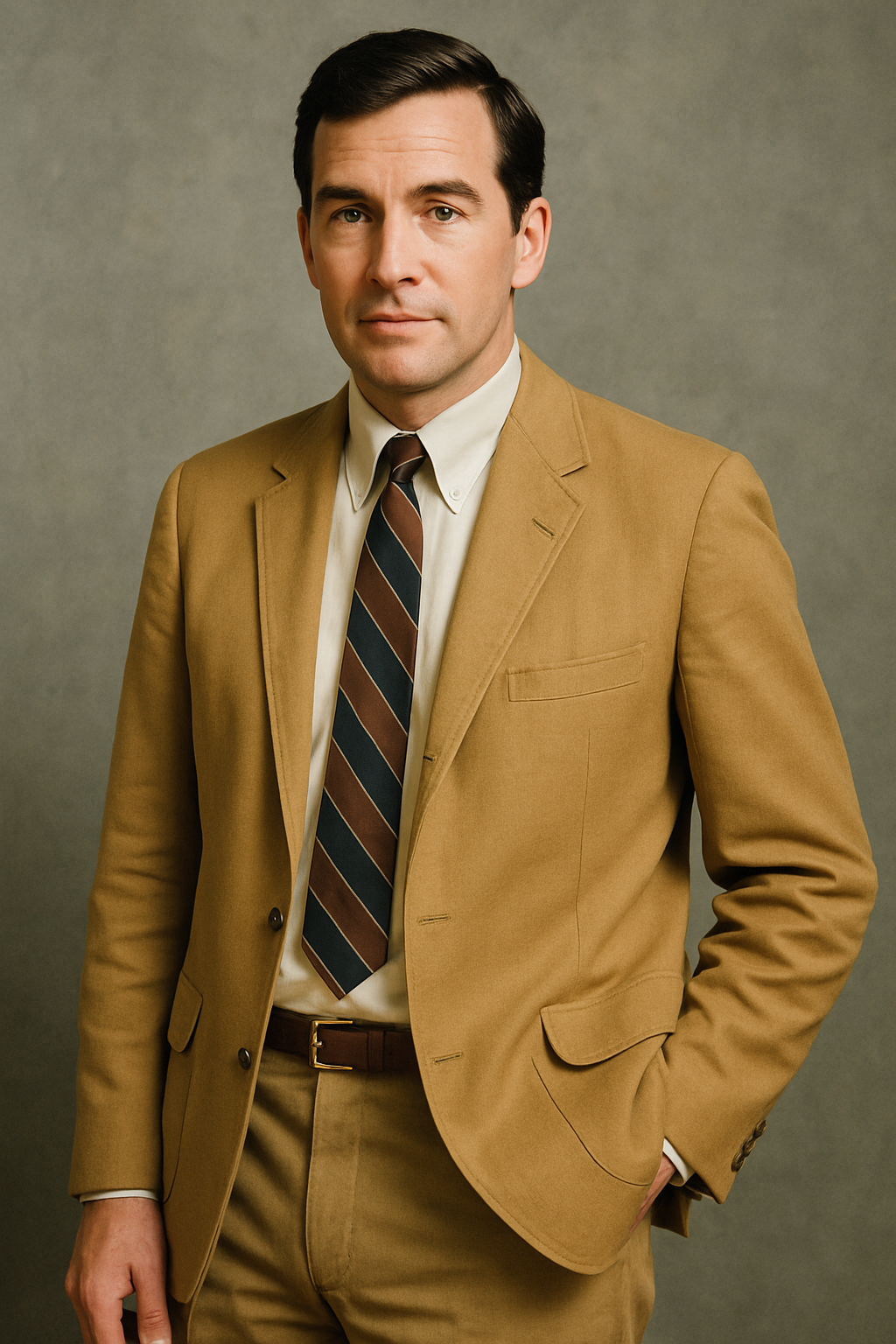 A man wearing a tailored khaki blazer over a sweater, walking down a city street.