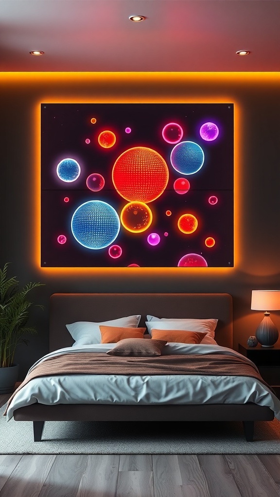 Colorful LED wall art featuring abstract spheres in a modern bedroom setting