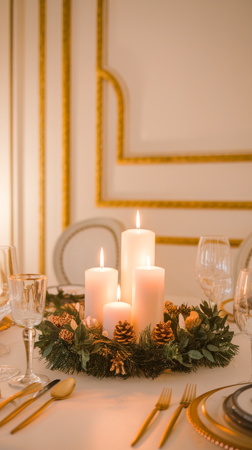 A festive table setting featuring tall white candles in a wreath with pinecones, surrounded by elegant glassware and golden utensils.